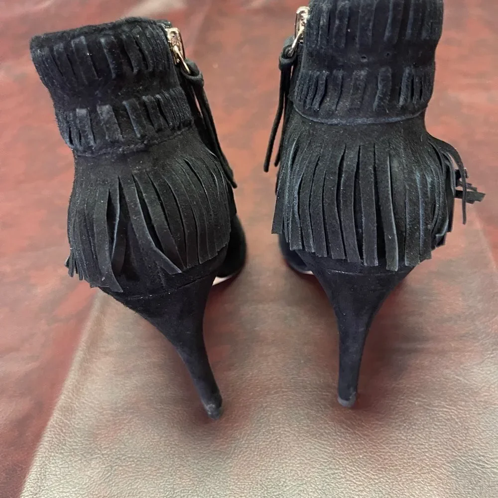 Rebecca Minkoff‎ black suede fringe heels, size 6 1/2
